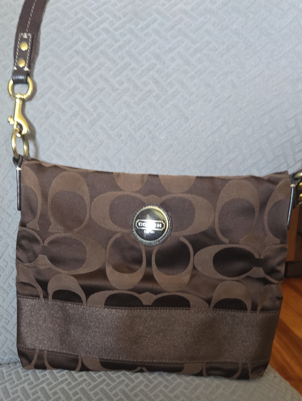 Coach Brown Signature Jacquard Crossbody with Gold Accent